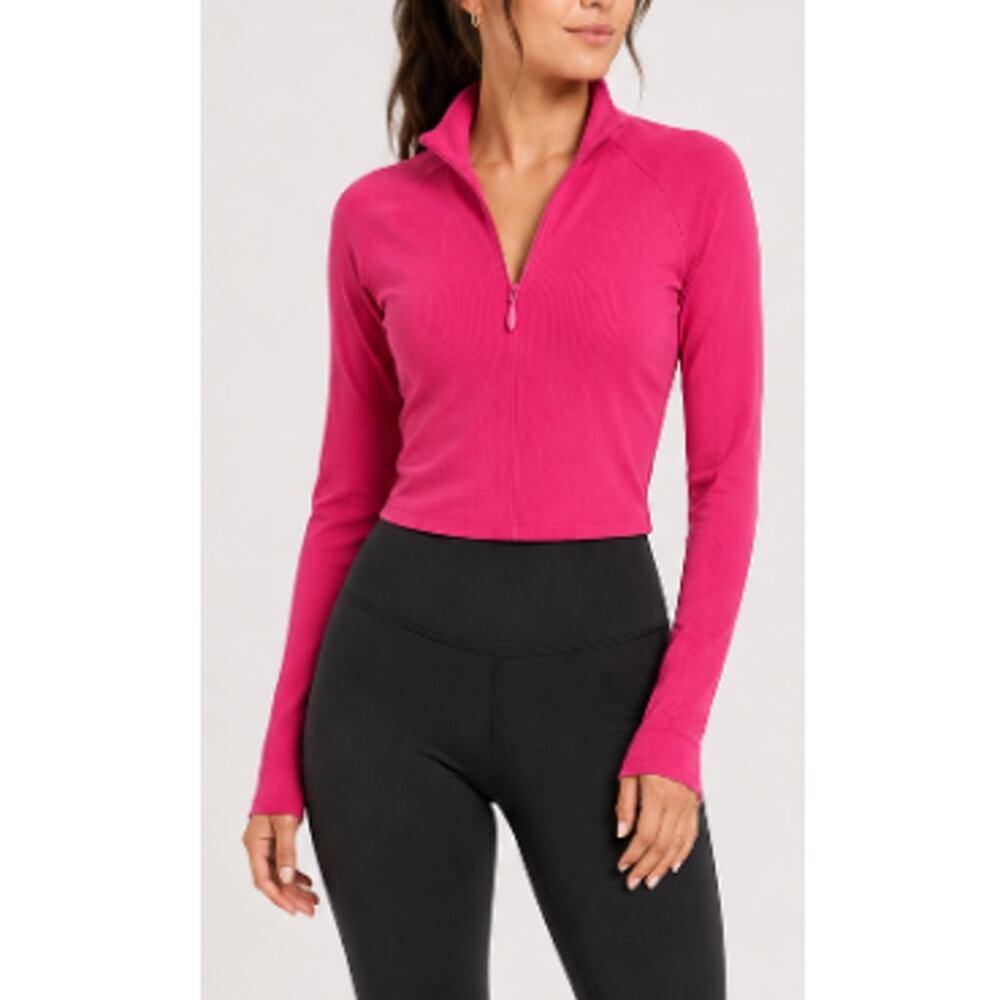 New NAKED WARDROBE Women's Pink Ribbed Crop Zip-Up Top Size L